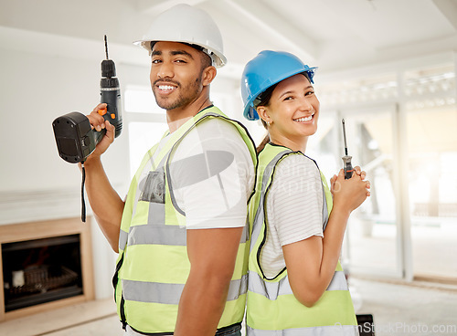 Image of Couple, workers and portrait with construction tools, maintenance equipment and working contractor for renovation. People, back together and smile for home building, interior design or diy project