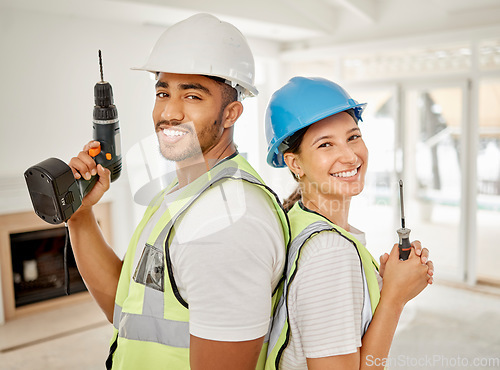 Image of Workers, couple and portrait with construction tools, maintenance equipment and working contractor for renovation. People, back together and smile for home building, interior design or diy project