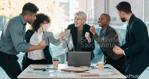 Image of Meeting, success and motivation with a business team in the boardroom in celebration of a target or goal. Corporate, wow and support with a group of corporate colleagues cheering in their office