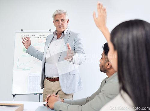 Image of Questions, presentation and business man, leader or manager on whiteboard, mentorship and solution or ideas. Yes, conversation and people, CEO and employees hand in air for work meeting or learning