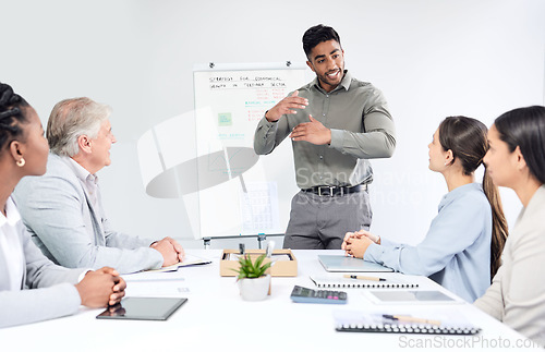 Image of Presentation, man speaker and business meeting with team, market research and economy strategy workshop. People at training seminar, leadership and brainstorming collaboration at finance firm