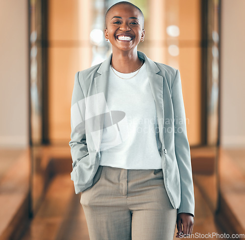 Image of Portrait, lawyer and black woman smile for business in company office. Confidence, law and happy professional, entrepreneur or attorney in South Africa with pride for career, job and success mindset