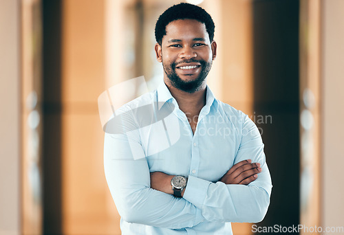 Image of Portrait, business and black man with arms crossed, smile and corporate career with success, startup and professional. Face, male person and employee with happiness, consultant and agent with growth