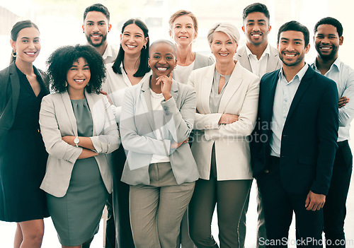 Image of Group, diversity and portrait of team in business together with arms crossed at work, company teamwork and collaboration in the workplace. People, face and happy working in professional office