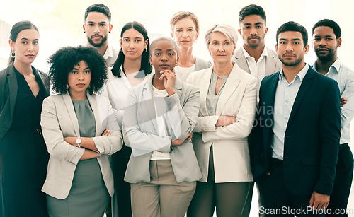 Image of Teamwork, arms crossed and portrait of business people in office for professional, support and diversity. Solidarity, mission and corporate with group of employees for collaboration and partnership