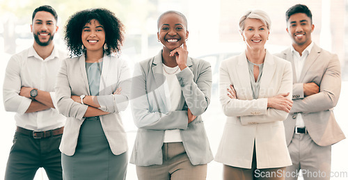 Image of Portrait, lawyers and group of business people with arms crossed in office. Confidence, team and happy employees, men and women, attorneys and collaboration for diversity, solidarity or cooperation