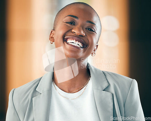 Image of Portrait, accountant and happy black woman for business in company office. Face, smile and professional, entrepreneur and auditor from South Africa with pride for career, job and success mindset.