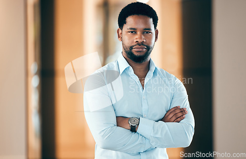 Image of Portrait, accountant and serious black man with arms crossed for business in company office. Face, confident and professional, entrepreneur and auditor from South Africa with pride for success mockup