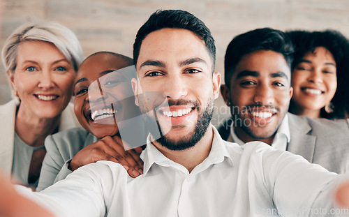 Image of Business, people and smile for company selfie with diversity, team collaboration or professional happiness in workplace. Group, businessman or portrait for about us web post on social media website