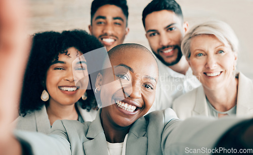 Image of Selfie, business and smile for company diversity, team collaboration and professional happiness in workplace. Group, people and portrait for about us web post on social media, website or black woman