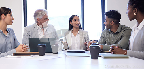 Image of Teamwork, planning and discussion with business people in meeting for conference, diversity and feedback. Collaboration, agenda and growth with employees in office for conversation and brainstorming