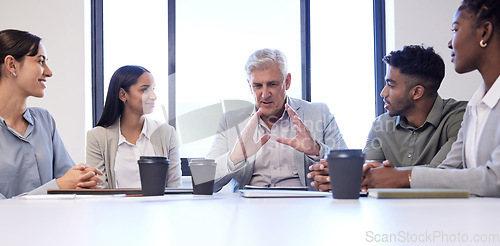 Image of Teamwork, mentor and ceo with business people in meeting for planning, diversity and feedback. Collaboration, agenda and growth with employees in office for conversation, conference and strategy