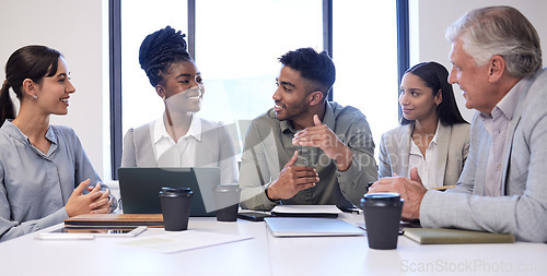 Image of Teamwork, planning and collaboration with business people in meeting for conference, diversity and feedback. Strategy, agenda and growth with employees in office for conversation and brainstorming