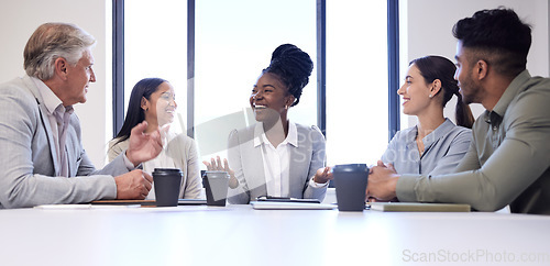 Image of Teamwork, planning and strategy with business people in meeting for conference, diversity and feedback. Collaboration, agenda and growth with employees in office for conversation and brainstorming