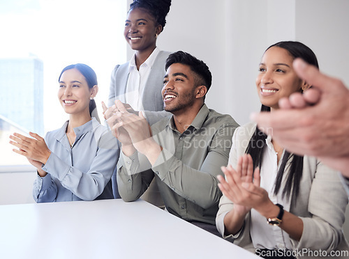 Image of Business people, meeting and applause with promotion, collaboration and achievement with teamwork. Group, staff and team clapping, motivation and growth with development, presentation and workshop