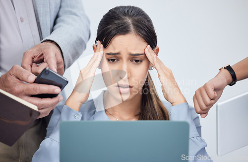 Image of Business, stress and woman overwhelmed by work, phone call and time management in professional company. Businesswoman, anxiety and frustrated working boss, manager or entrepreneur multitasking