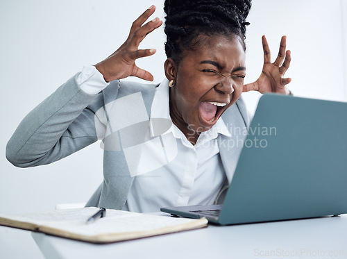 Image of Business, screaming and black woman with a laptop, stress and angry with burnout, glitch and error. Female person, consultant and employee with a pc, technology and anger with mistake and shouting