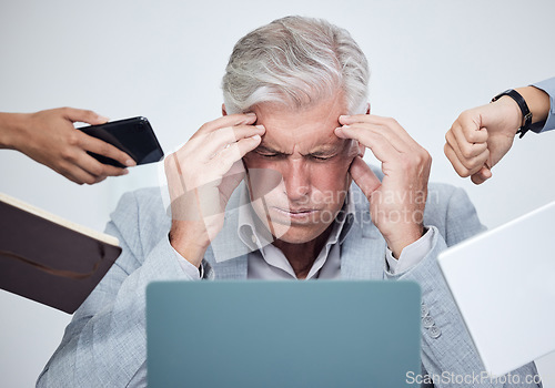 Image of Mature businessman, stress and overwhelmed by work, phone call and time management in professional company. Senior man, anxiety and frustrated working ceo, manager or entrepreneur multitasking