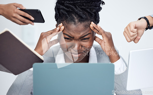 Image of Black woman, work and overwhelmed by business stress, phone call or time management in professional company. Person, anxiety and frustrated employee, working manager or boss multitasking and burnout