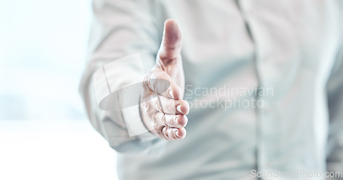 Image of Businessman, handshake and meeting for hiring, welcome or introduction at the workplace. Hand of man employer shaking hands for business deal, recruiting or greeting at the office