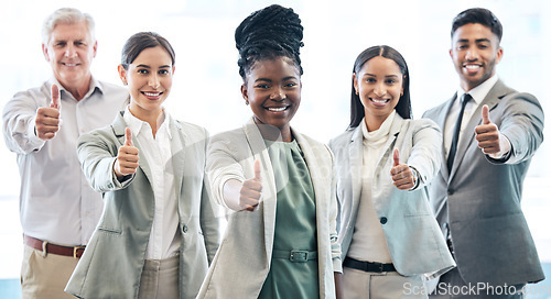 Image of Business people, portrait and thumbs up for winning, diversity or teamwork success at office. Black woman with diverse happy group with thumb emoji, yes sign or like for team approval at workplace