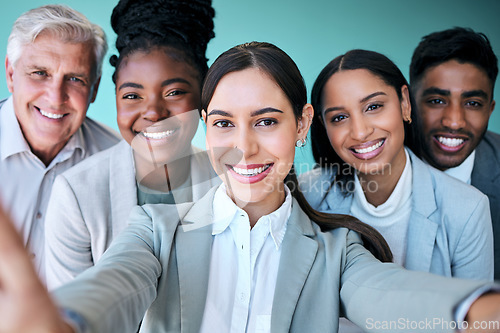 Image of Business people, portrait smile and selfie for profile picture, vlog or online post at office. Group of happy corporate workers smiling in photo, memory or team building and social media at workplace