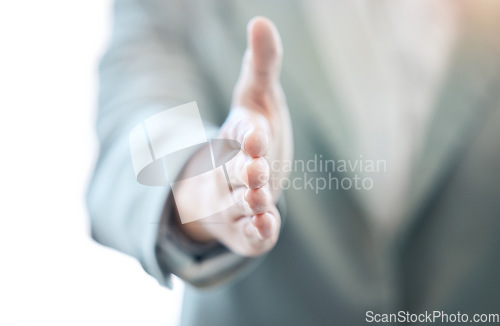 Image of Businessman, handshake and meeting for introduction, hiring or welcome in thank you at the office. Hand of man employer shaking hands for b2b agreement, deal or teamwork in recruiting at workplace