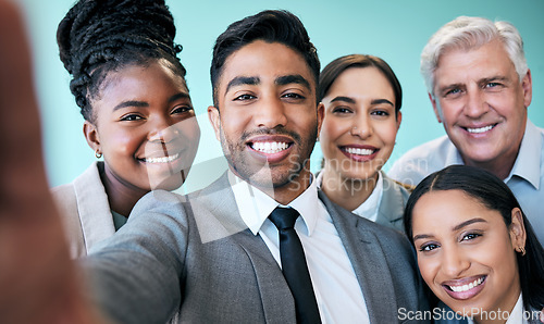 Image of Business people, face and portrait smile for selfie, profile picture or online post at office. Group of happy corporate workers smiling in photo, memory or team building and social media at workplace