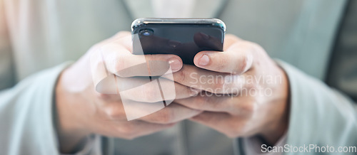 Image of Businessman, phone and hands in communication on banner for typing or networking at office. Hand of man texting or chatting on mobile smartphone app for business, online chat or email at workplace