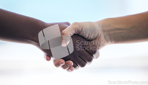 Image of Handshake, partnership and thank you with business people in agreement over a deal during a b2b meeting. Trust, support and collaboration with colleagues shaking hands to say welcome while meeting