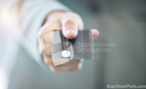 Image of Hand, credit card and payment with a business person closeup for fintech banking or accounting. Finance, money and economy with a corporate employee paying using a bank service for saving wealth