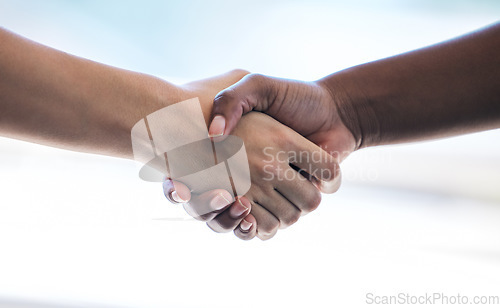 Image of Handshake, partnership and trust with business people in agreement over a deal during a b2b meeting. Thank you, support and collaboration with colleagues shaking hands to say welcome while meeting