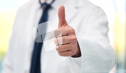 Image of Thumbs up, success and doctor for healthcare support, thank you or excellence for hospital services. Health, medical professional or person with like, yes and ok hand or emoji for winning or results