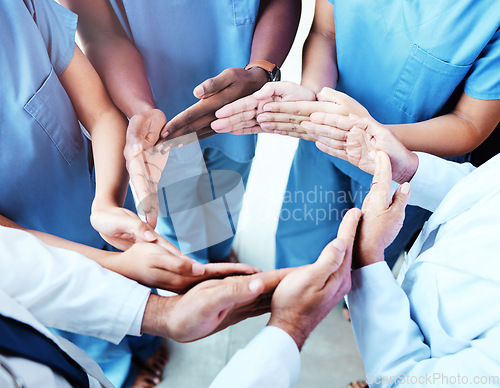 Image of Circle, connection and doctors hands together in healthcare workflow, group support and team cooperation or synergy above. Integration, health formation and nurses, medical people or surgeon teamwork