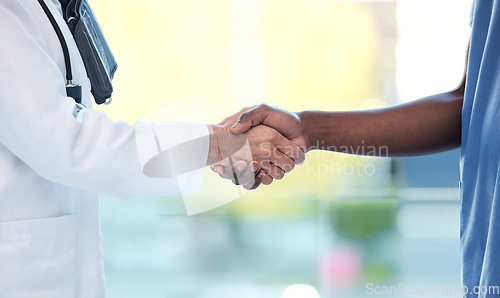 Image of Handshake, nurse and doctor for meeting, teamwork and thank you, congratulations or healthcare achievement. Diversity, together sign and medical people shaking hands for clinic support or thanks