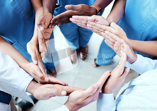 Image of Circle, connection and nurses hands together in healthcare workflow, group support and team cooperation or synergy above. Integration, health formation and doctors, medical people or surgeon teamwork
