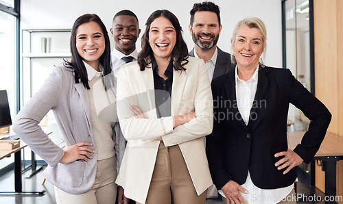 Image of Happy, confidence and group of business people in the office for teamwork, collaboration and diversity. Happiness, smile and professional employees standing with a corporate manager in the workplace.