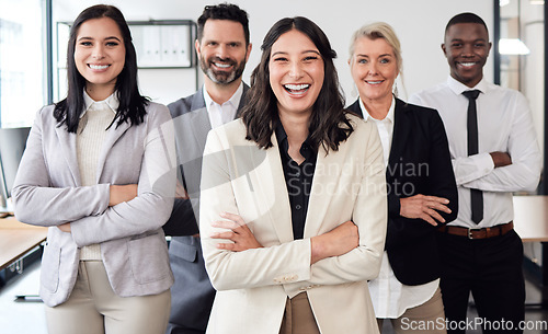 Image of Happy, crossed arms and portrait of business people in office with confidence for teamwork and collaboration. Diversity, professional and group of employees with corporate manager in the workplace.