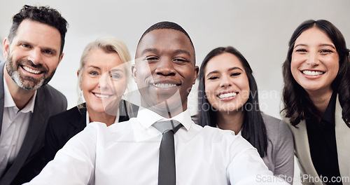 Image of Selfie, friends and portrait with business people in office for social media, networking and teamwork. Collaboration, happy and solidarity with employee for diversity, team building and partnership