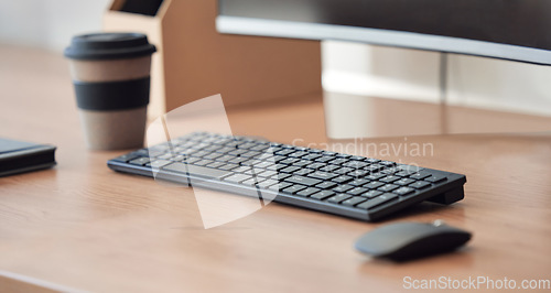 Image of Space, office and desk with keyboard in a closeup for working with technology for a career. Empty, table and tech with mouse at work with monitor at a corporate company for job with equipment.