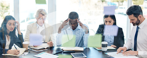 Image of Meeting, planning and stress with a business team in a boardroom for strategy during a financial crisis. Finance, compliance or regulations with a group of colleagues in an office for problem solving