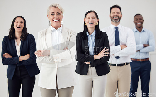 Image of Portrait, leadership and an arms crossed business woman together with her team in a professional office. Collaboration, teamwork and management with a group of colleagues looking confident at work