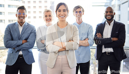 Image of Business, team and portrait with arms outdoor at office with happiness, diversity for working in startup. Professional, group and arm with smile on a balcony at a company with employee in workplace.