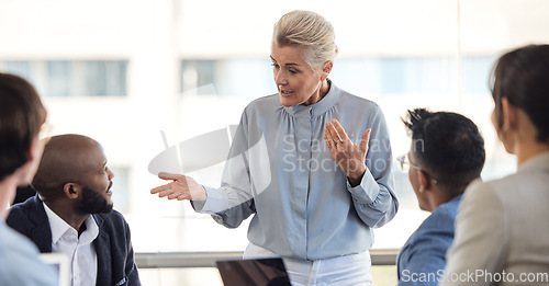 Image of Meeting, planning a management business woman talking to her team of staff in the boardroom for company vision. Coaching, leadership and mentor with a female CEO in discussion with her employee group