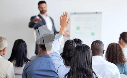 Image of Presentation, questions and hand with business people in meeting for conference, seminar and audience. Strategy, feedback and training with employees in office for speaker, planning and learning