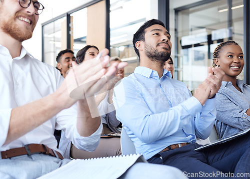 Image of Applause, business people and audience at a conference, seminar or corporate workshop. Professional men and women group clapping in happy crowd for convention, training event and presentation success