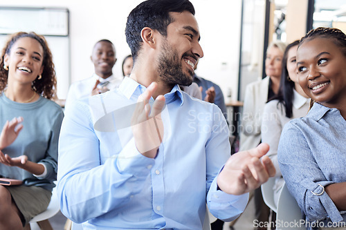 Image of Business people, clapping hands and audience in conference, seminar or corporate workshop. Professional men and women diversity group talk or applause for convention, training or presentation success