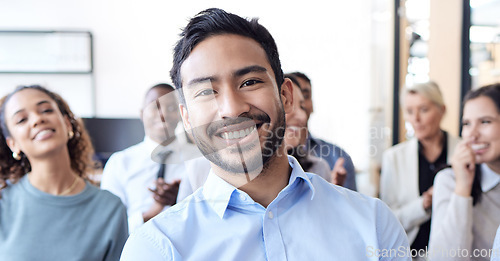 Image of Businessman, smile and portrait of audience at a conference, seminar or corporate workshop. Professional men and women group together in crowd for convention, training and presentation or trade show