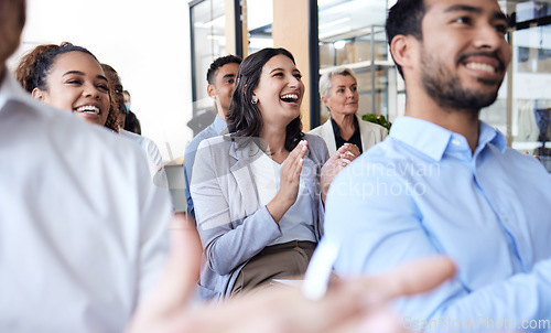 Image of Business people, clapping and audience at a conference, seminar or corporate workshop. Professional men and women group applause in happy crowd for convention, training and presentation success