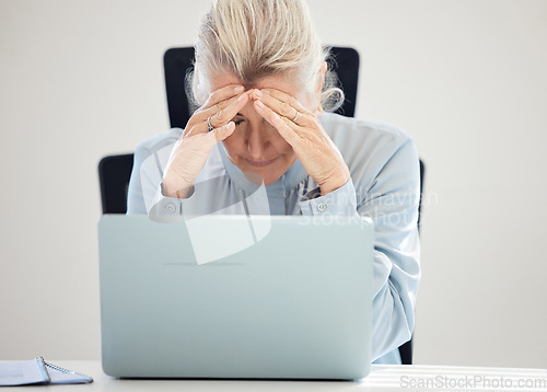 Image of Headache, laptop and business woman reading report, fail or online mistake, sad news or career problem. Stress, confused and professional boss or person with depression on laptop for email or results